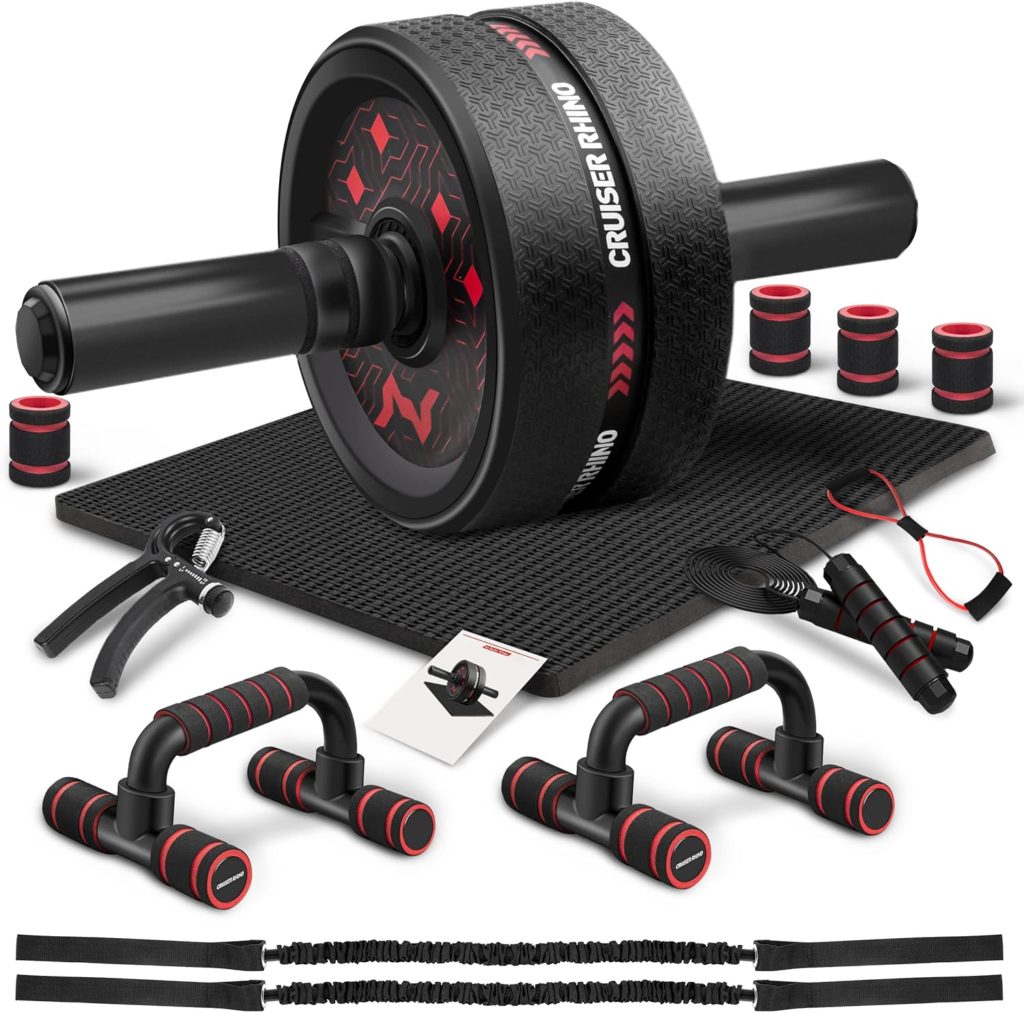 Ab Workout Equipment, Ultra Ab Roller Wheel Kit, Large Ab Roller with Resistance Bands, Push Up Bar, Jump Rope, Grip Strength Trainer, Pulling Rope, Ab Mat, Perfect for Home  Gym Fitness Equipment