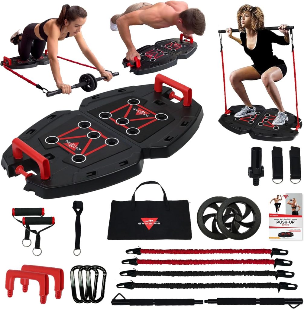 Gymsire Portable Home Gym Equipment - 25-In-1 Push Up Board  10 Accessories with Resistance Bands, Pilates Bar, Push Up Handles  Ab Roller Wheel- Work from Home Fitness - Total Gym  Exercise Equipment for Home Workouts
