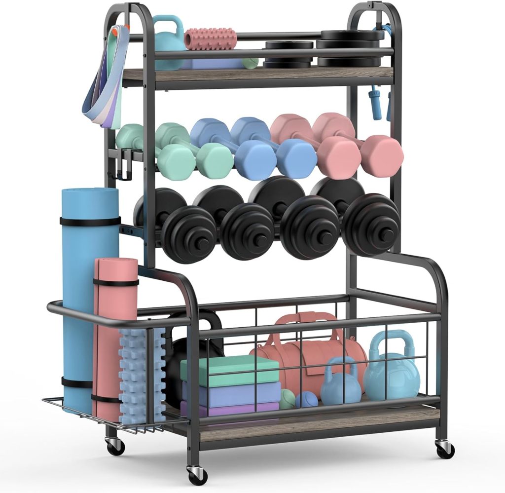 Yoga Mat Storage Rack, Home Gym Storage Yoga Mat Organizer Holder, Sehloran Dumbbell Rack With Hooks and Wheels, Weight Rack for Dumbbells and Kettlebells, Workout Equipment Weight Stand for Home Exercise and Fitness Gear (Metal)
